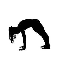 Silhouette of a woman performing a yoga bridge pose against white background