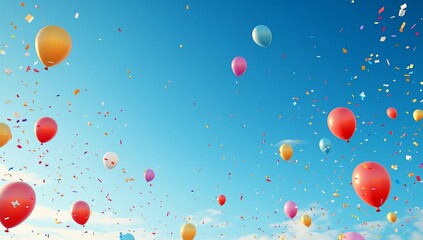 Colorful balloons and confetti in a vibrant blue sky