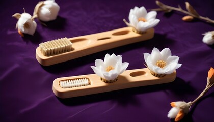Fototapeta premium Two wooden hairbrushes on a pink background with place for text. Eco-friendly hair combs. Hair care with natural accessories. Zero waste, no plastic