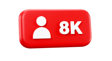 Fototapeta premium Red button with white follower icon and text showing eight thousand followers on black background