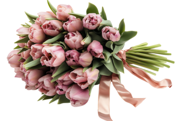 Mauve Tulip Bouquet with Blush Pink Ribbon, PNG