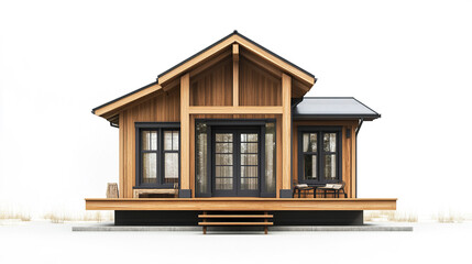 Cozy wooden house with large windows and welcoming porch