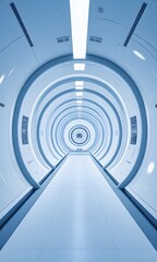 Fototapeta premium Blue futuristic hallway with multiple levels.