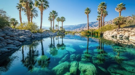 Obraz premium Serene Oasis: Palm Trees Reflecting in Crystal Clear Water
