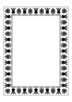 Monochrome rectangular Vertical Greek ornament meander frame. A4 format. Greek pattern frame, ornament, border of Greece, ancient Rome. Diplom, certificate, embroidery, engraving . Palmette. Egyptian