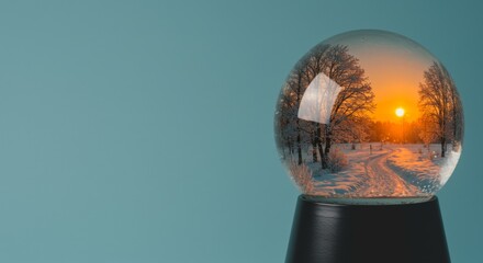 Snow globe showcasing a winter landscape with trees and a sunset reflection, creating a serene and magical atmosphere