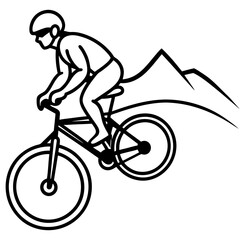 Obraz premium Line art vector silhouette of a mountain biker riding on rough terrain