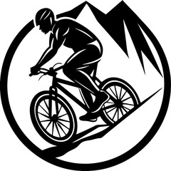Line art vector silhouette of a mountain biker riding on rough terrain