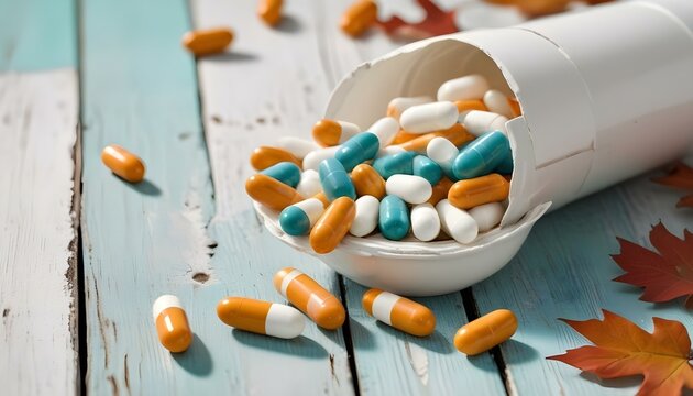 Capsules with vitamin d3 on a white wooden table, close-up