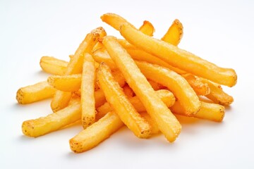 Pile of golden french fries isolated on white background