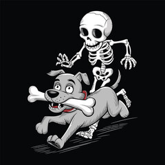 Dog stealing a skeleton human bone vector funny character design