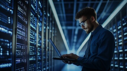 Woman in server room. Computer engineer examining data on a laptop in a room. Big digital data center with a digital data. Female in a server lifestyle room.
