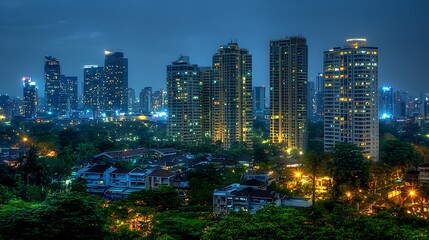Fototapeta premium Night cityscape, skyscrapers, residential area, illuminated buildings, city lights, twilight.