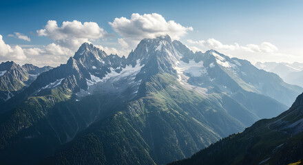 Obraz premium Majestic Mountain Range Under a Blue Sky with White Clouds