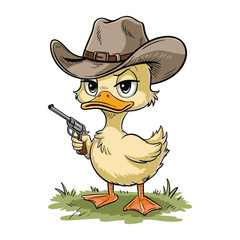 Duck holding gun cartoon western character vector art illustration