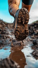 Experience thrill of mud running! This dynamic image captures runner's muddy shoe splashing through puddle, showcasing adventure and athleticism in challenging terrain.