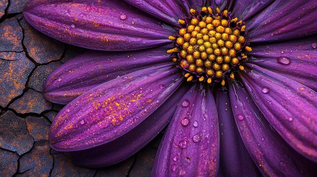 Purple Flower with Dew Drops on Cracked Earth Background