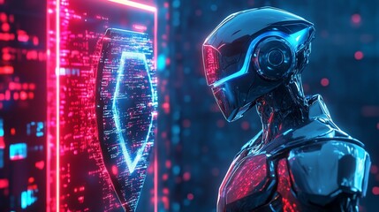Futuristic humanoid robot stands before a screen displaying digital code in neon lights