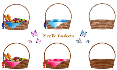 バケットパンとフルーツが入ったピクニックバスケットとちょうちょのカワイイセット