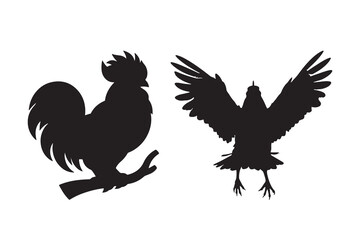 Silhouette of Rooster and chicken hen vector icon set illustration on white background.