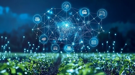 Obraz premium Smart farming technology network over a field.