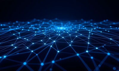 Blue lines and dots represent interconnected nodes of technology.