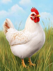 Fototapeta premium A vibrant white hen stands proudly in a lush green field under a clear blue sky