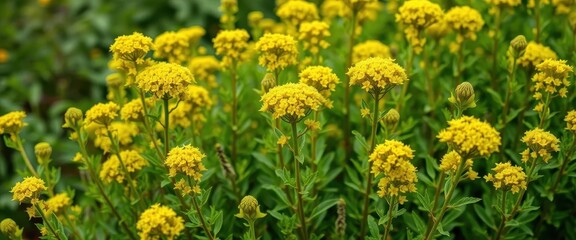 Bushy upright stems, vibrant green foliage, clusters of tiny yellow blooms, vegetation, flowering plant, wallpaper