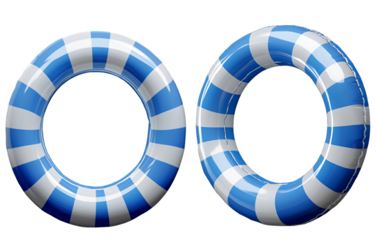 Pair of Blue and White Striped Inflatable Swim Rings on Transparent Background, PNG