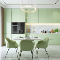 Modern Minimalist Kitchen Design with Green Cabinets and Round Table