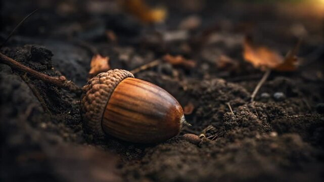 Early dawn silent landscape concept. A single acorn rests on the ground, surrounded by earthy soil and fallen leaves, showcasing its natural beauty and potential for growth.