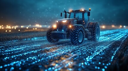 Futuristic tractor driving at night on a glowing field digital wireframe design blue lights