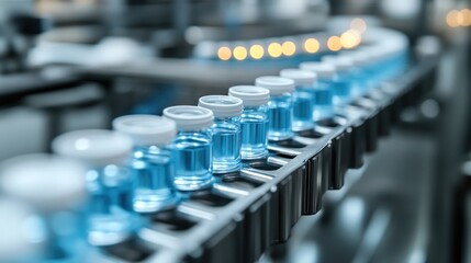 Obraz premium Conveyor Belt of Medicine Vials: Pharmaceutical Production Line