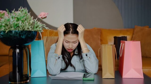 A stressed asian teenage girl returns from shopping to discover her bill is far higher than she anticipated. Surrounded by colorful shopping bags, panic sets in as she contemplates her expenses.