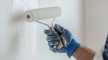 A painter applying fresh white paint to a wall with a roller. Featuring transformation and craftsmanship