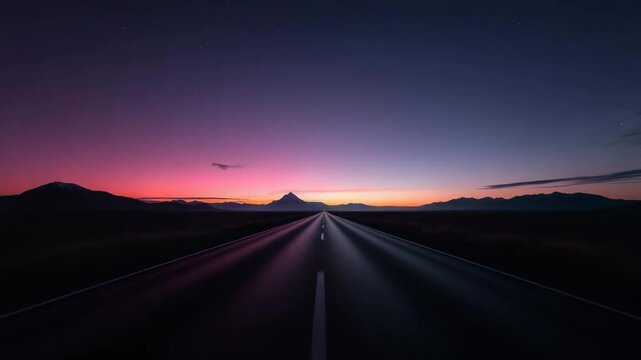 Early dawn silent landscape concept. A vast highway stretches toward a vivid horizon, split between twilight blue and vibrant pink hues, framed by distant mountains and starry skies.