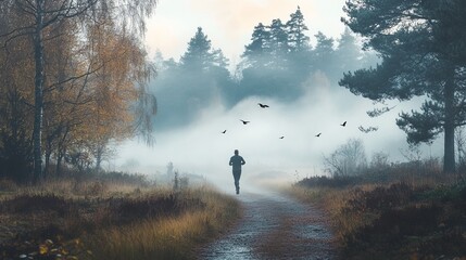 Serene landscape features lone runner through misty forest path, evoking themes of fitness, nature, tranquility. Perfect for wellness and outdoor enthusiasts seeking inspiration and adventure.