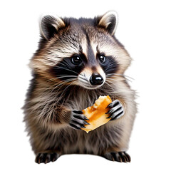 Obraz premium Cute raccoon holding food in paws, high detail fur, isolated on white