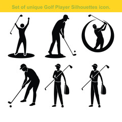 Obraz premium Golf Player Silhouette Collection Vector Illustration Pack Isolated On White Background.