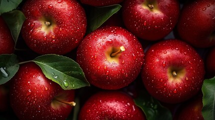 Red apples with water drops. Closeup of a closeup of red apples with leaves on top. Ripe pink flowers with a ripe pink water and fragrant drops. Crimson apples adorned with droplets lifestyle of.