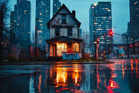 Hauntingly beautiful illustration of an abandoned house amidst modern urban landscape, showcasing contrast between decay and urban life. Ideal for themes of nostalgia and solitude.