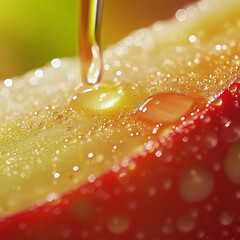 An ultra-close macro video of a freshly cut apple slice with tiny beads of juice clinging to its glossy surface
