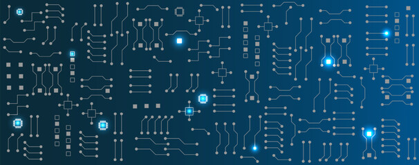 Blue circuit electronic or electrical line with circuit board engineering technology concept vector background