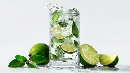 Fototapeta premium Refreshing lime and mint beverage in a glass.
