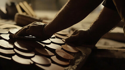 Roofing worker installing roof tiles. Featuring roofing work and tile installation