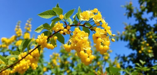 Obraz premium Vibrant yellow currant blossoms on a branch, blue sky backdrop, green foliage, botanical, plant, outdoor