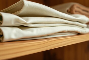 Soft Beige Fabric Stacked Neatly on Wooden Shelf Close up View of Luxurious Textiles