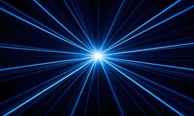 Blue radiant light beams in dark space.