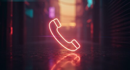 Neon Phone Icon: Glowing Hotline in Cityscape at Night