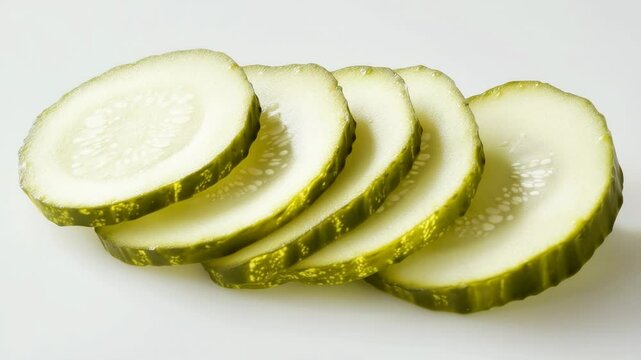 A close up of a cucumber with five slices. The slices are cut in half and arranged in a row. The cucumber slices are green and fresh, and they look like they are ready to be eaten